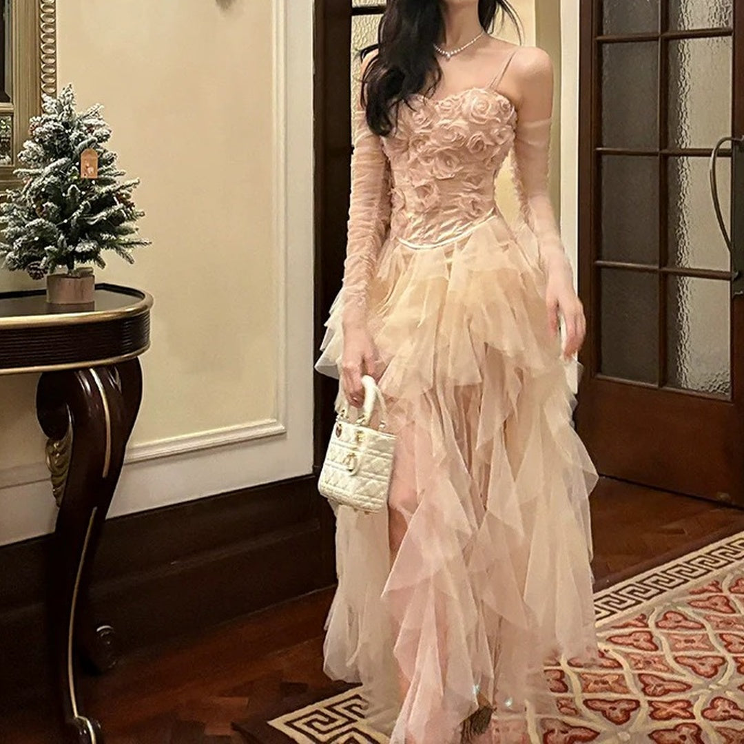 Luxury Pink Rose Tulle Two-Piece Gown Dress