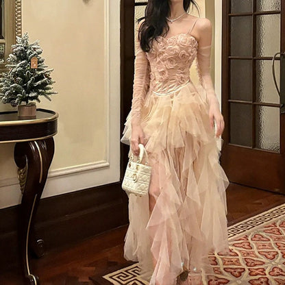 Luxury Pink Rose Tulle Two-Piece Gown Dress