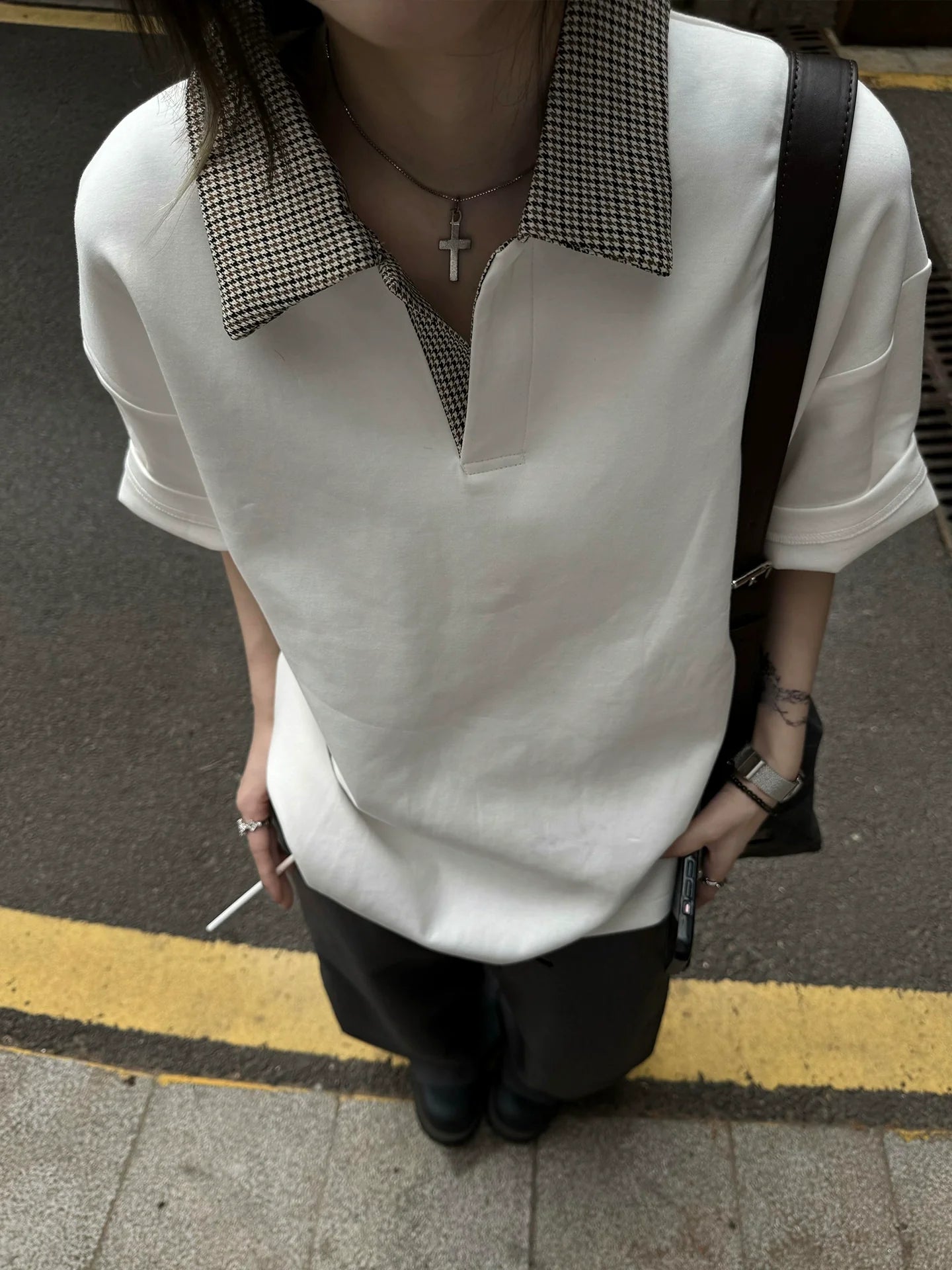 Houndstooth White Polo Tee Cleanfit Summer Short Sleeve Smart Casual Top