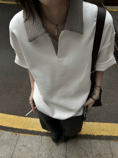 Houndstooth White Polo Tee Cleanfit Summer Short Sleeve Smart Casual Top