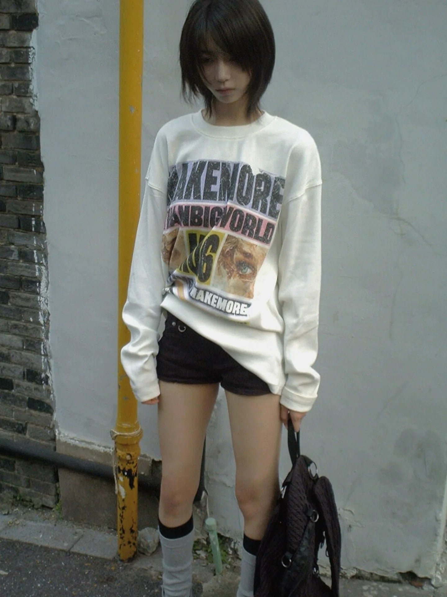 American Street White Long Sleeve Tee Autumn Colorblock Letter Print Loose Fit Base Top