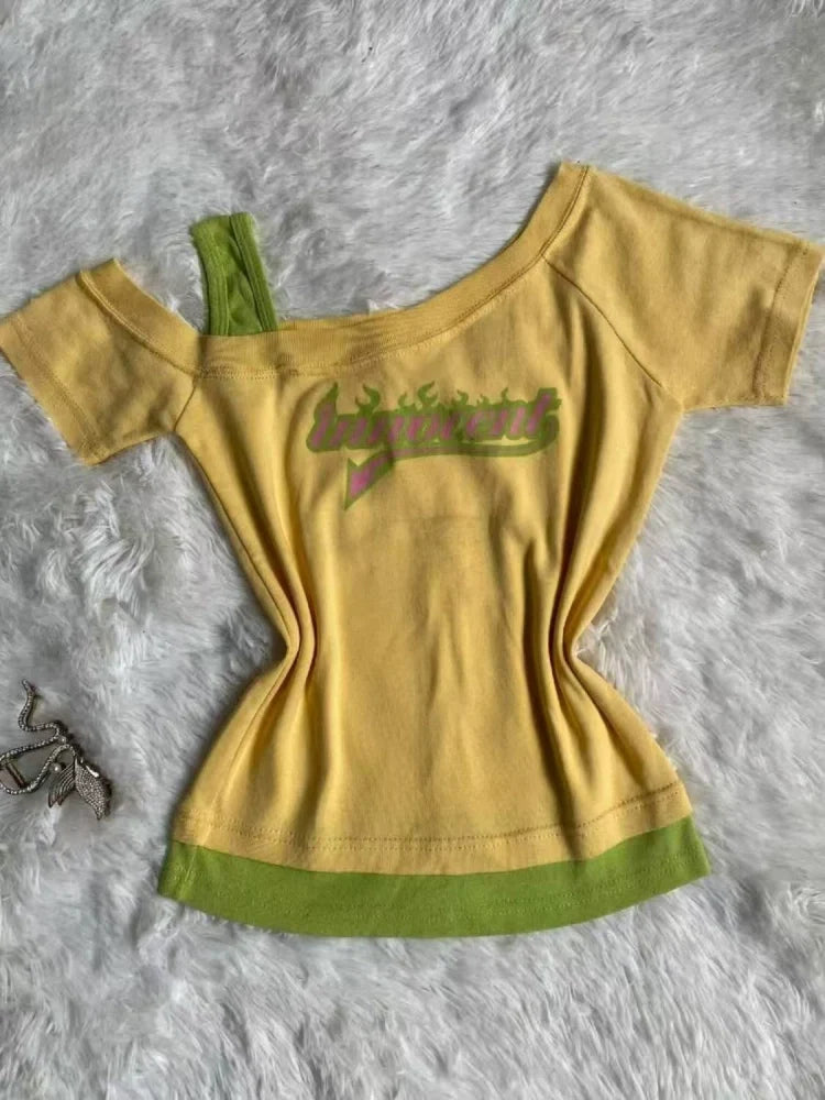 Yellow Subculture Y2K E-girl Abi American Retro Vintage Asymmetrical Print Short Sleeve Top