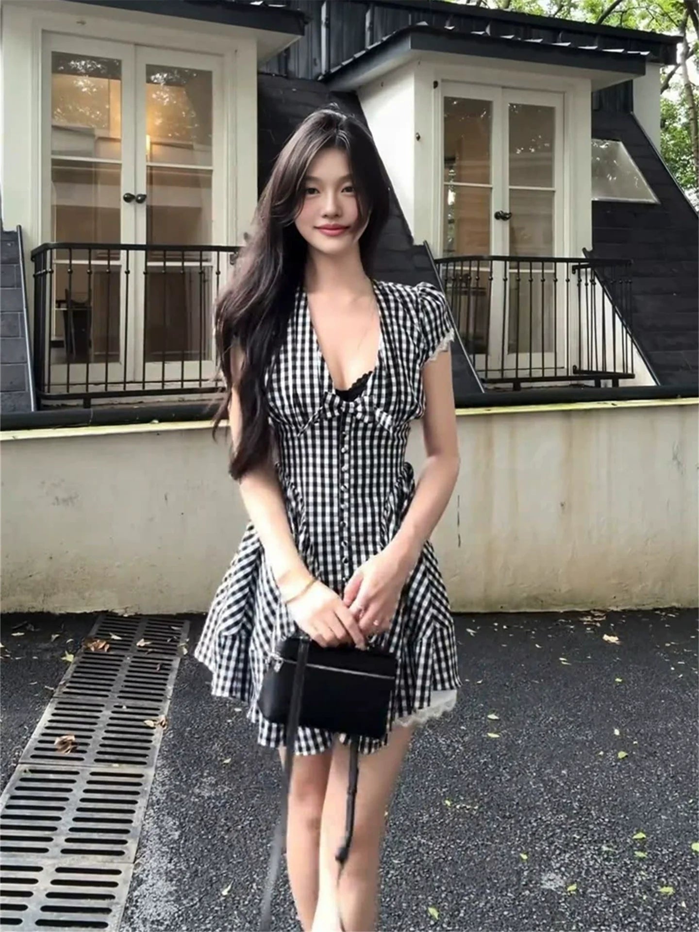 Black Plaid Deep V-Neck Lace-Trimmed Bubble-Sleeve Mini Dress