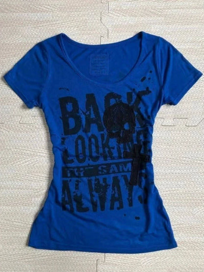 Blue Rock Punk Vintage Skull Print Y2K T-Shirt