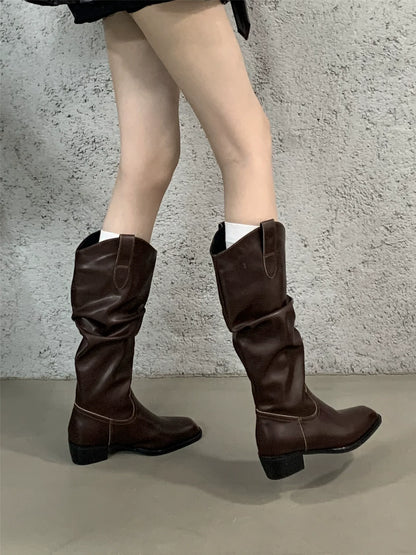 Korean Distressed Slouchy Wide Calf V-Cut Over The Knee Slimming Spicy Girl Chunky Heel Slim Boots
