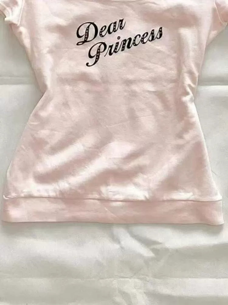 Pink Subculture Y2K E-girl Abi American Retro Vintage Letter Print Short Sleeve Top