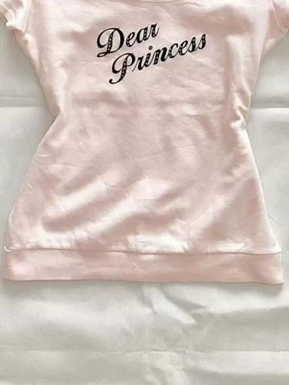 Pink Subculture Y2K E-girl Abi American Retro Vintage Letter Print Short Sleeve Top