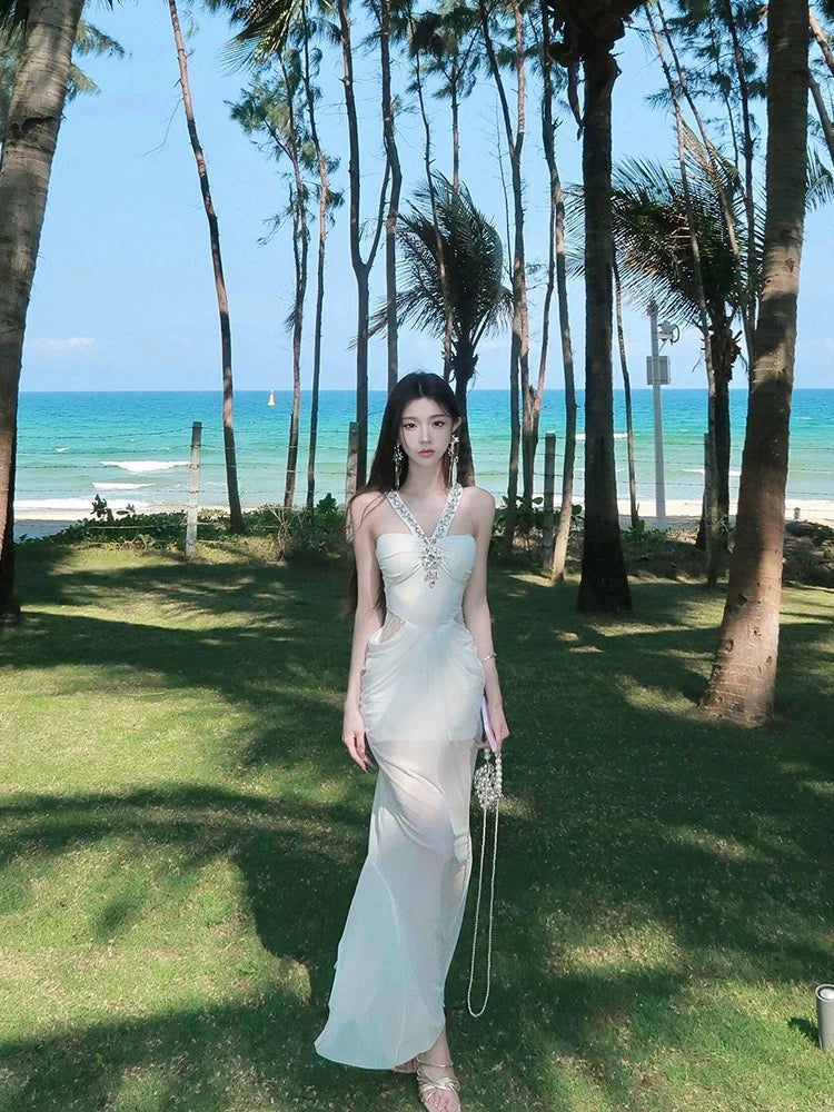 French High-End Rhinestone-Embellished Halter Mermaid Dress