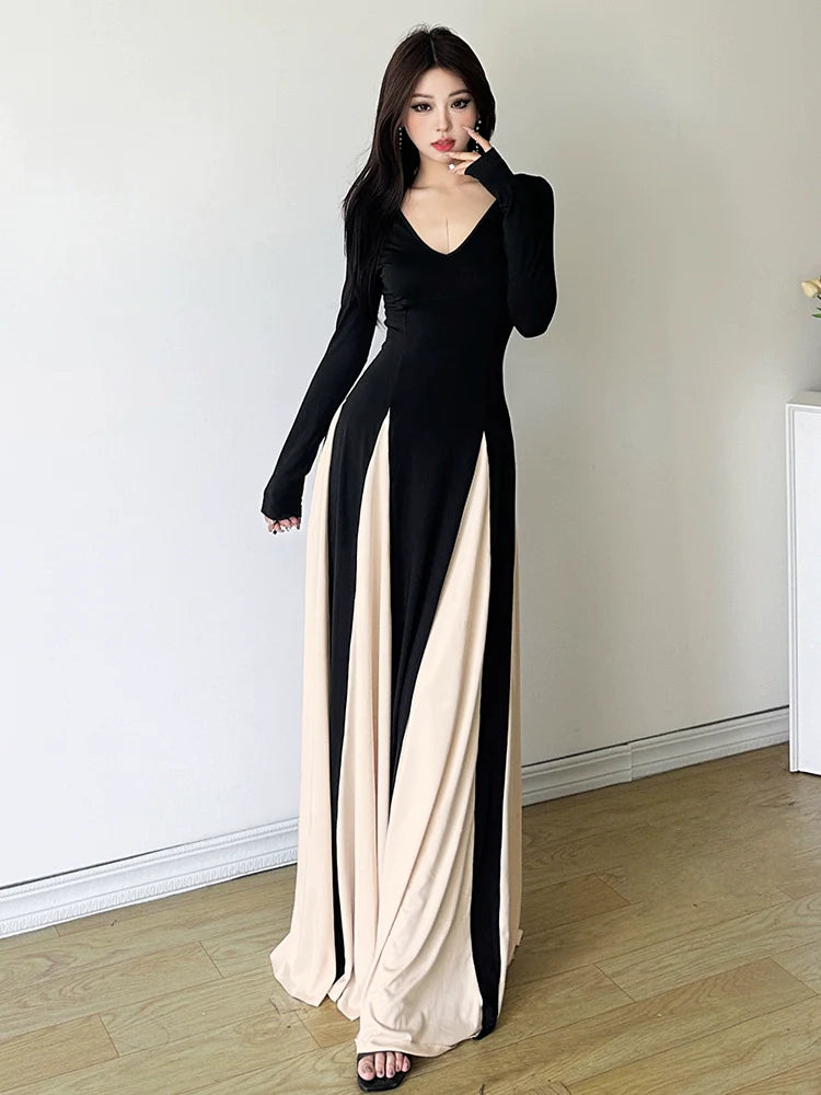 French Chic Retro Color-Block V-Neck Maxi Dress