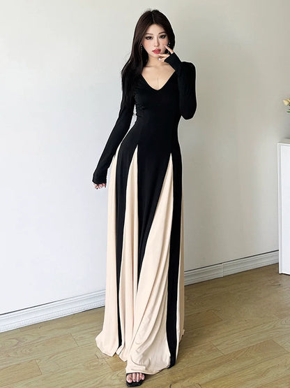 French Chic Retro Color-Block V-Neck Maxi Dress