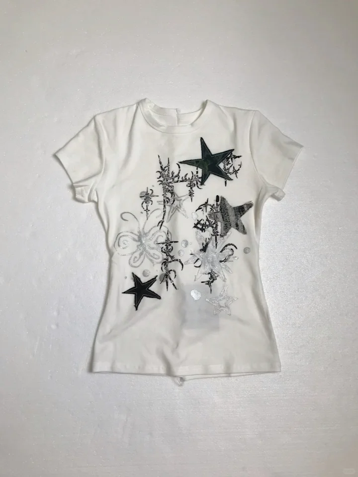 White Subculture Y2K E-girl Abi American Retro Hand-Drawn Star Print Light Subculture Short Sleeve Top