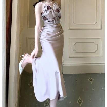 Satin Floral Contrast Mermaid Gown Dress