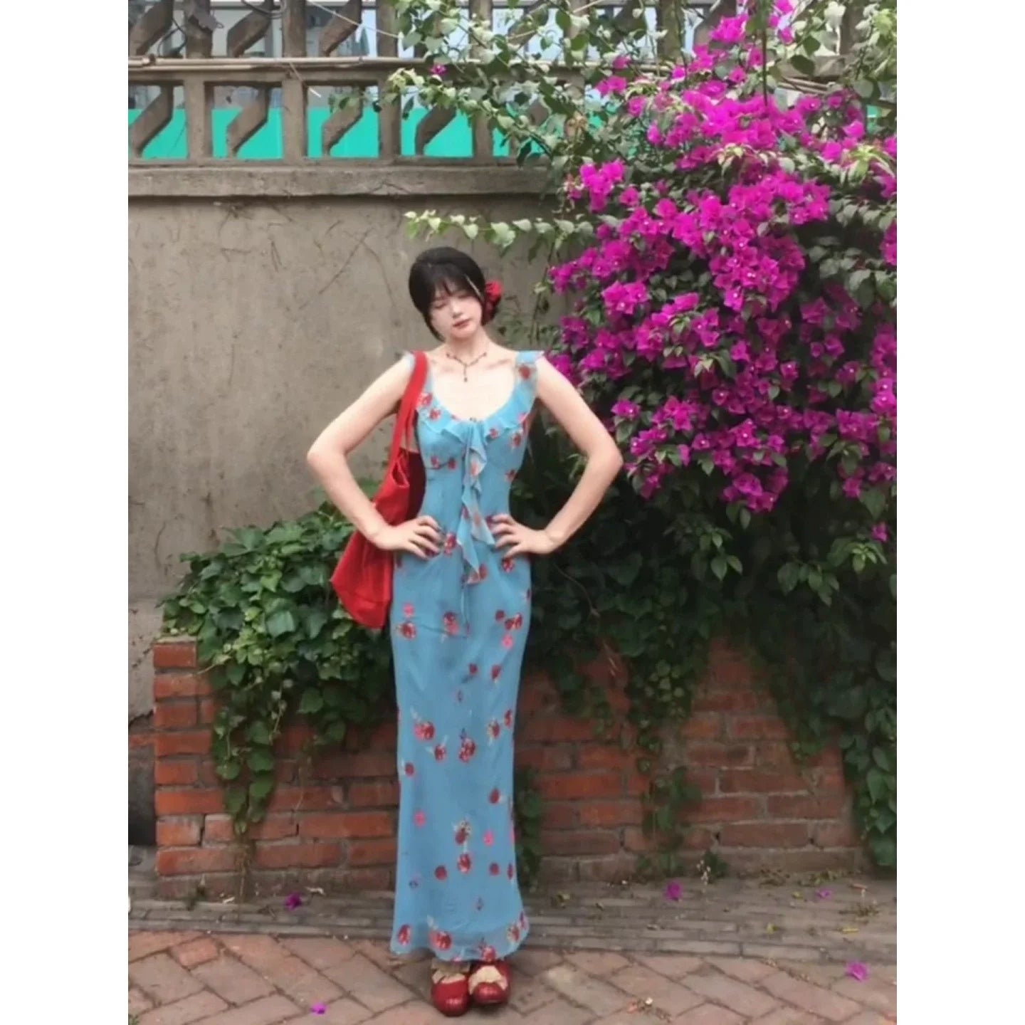 French Blue Floral Camisole Bodycon Waist-Cinched Maxi Dress