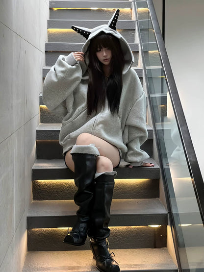 American Doberman Zip-Up Hoodie Studded Heavyweight Sweatshirt