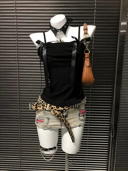 Blue Butterfly One-Shoulder Subculture Y2K E-girl Sweet-Spicy Light Subculture American Retro Bow Short Sleeve Top