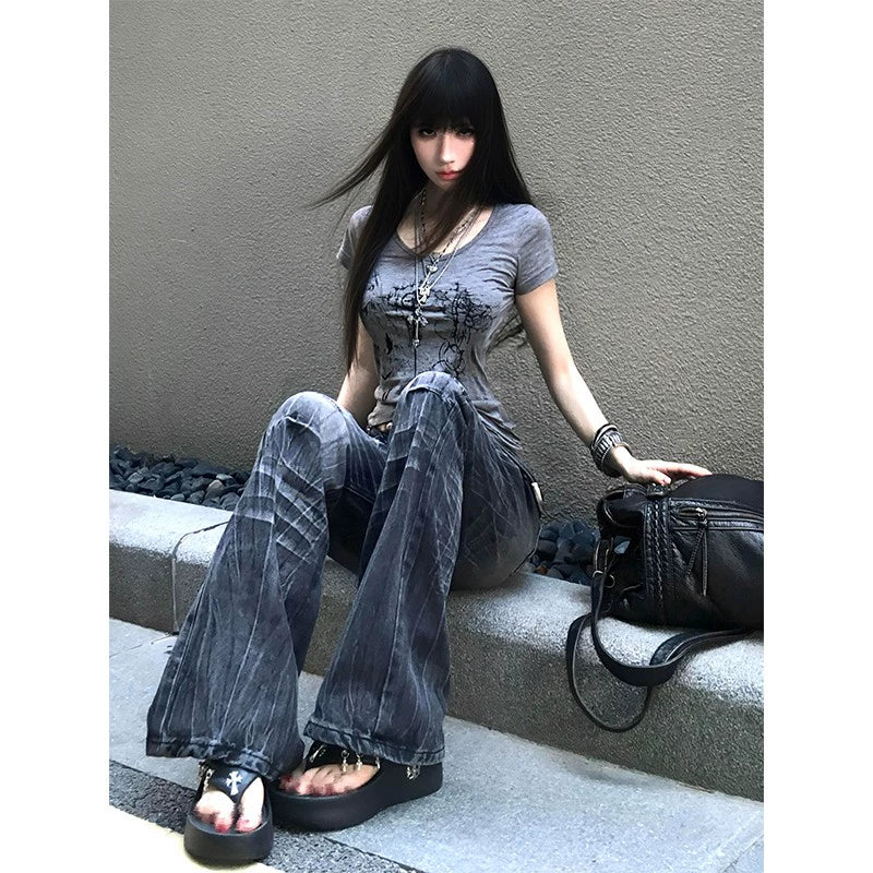 Subculture Distressed Fitted Short Sleeve Tee Y2K Light Asian Vintage Top