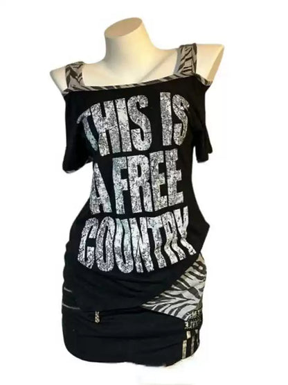 Black Punk American Zebra Print Panel Letter Y2K T-Shirt