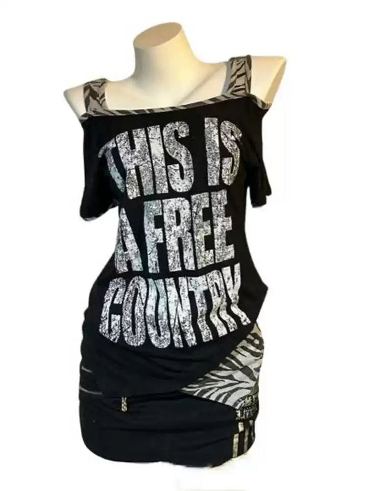 Black Punk American Zebra Print Panel Letter Y2K T-Shirt