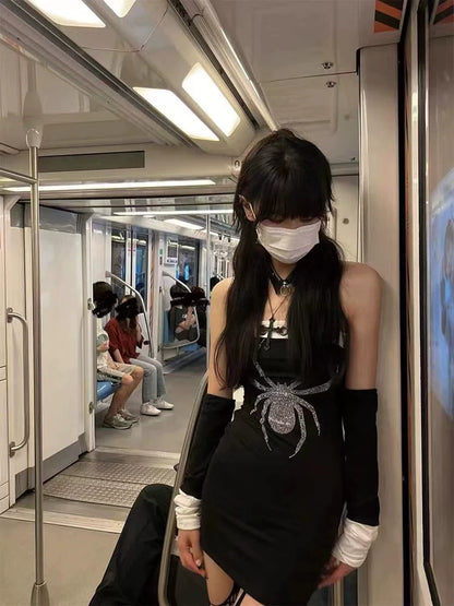 Black [With Free Arm Sleeves] Subculture Punk Y2K E-girl Dark Gothic Crop Top Dress