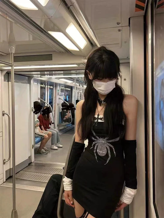Black [With Free Arm Sleeves] Subculture Punk Y2K E-girl Dark Gothic Crop Top Dress