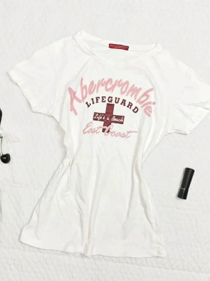 White Vintage Print Waist-Cinched Y2K T-Shirt