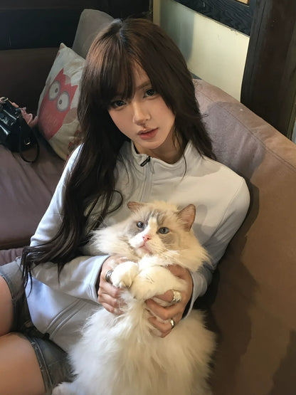 Korean Stand Collar Zip Jacket Retro Sporty Long Sleeve Top