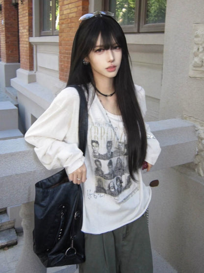 Y2K Aesthetic Sheer Snow Cotton Long Sleeve T-Shirt Autumn Slim Fit Cropped Base Layer Top