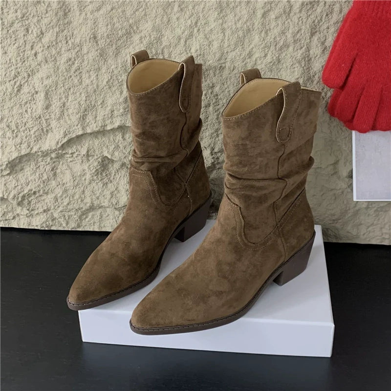 Pointed Toe Fashion Short Boots Women Fall Winter New Slouchy Chunky Heel Elevated Mid Calf Suede Western Boots