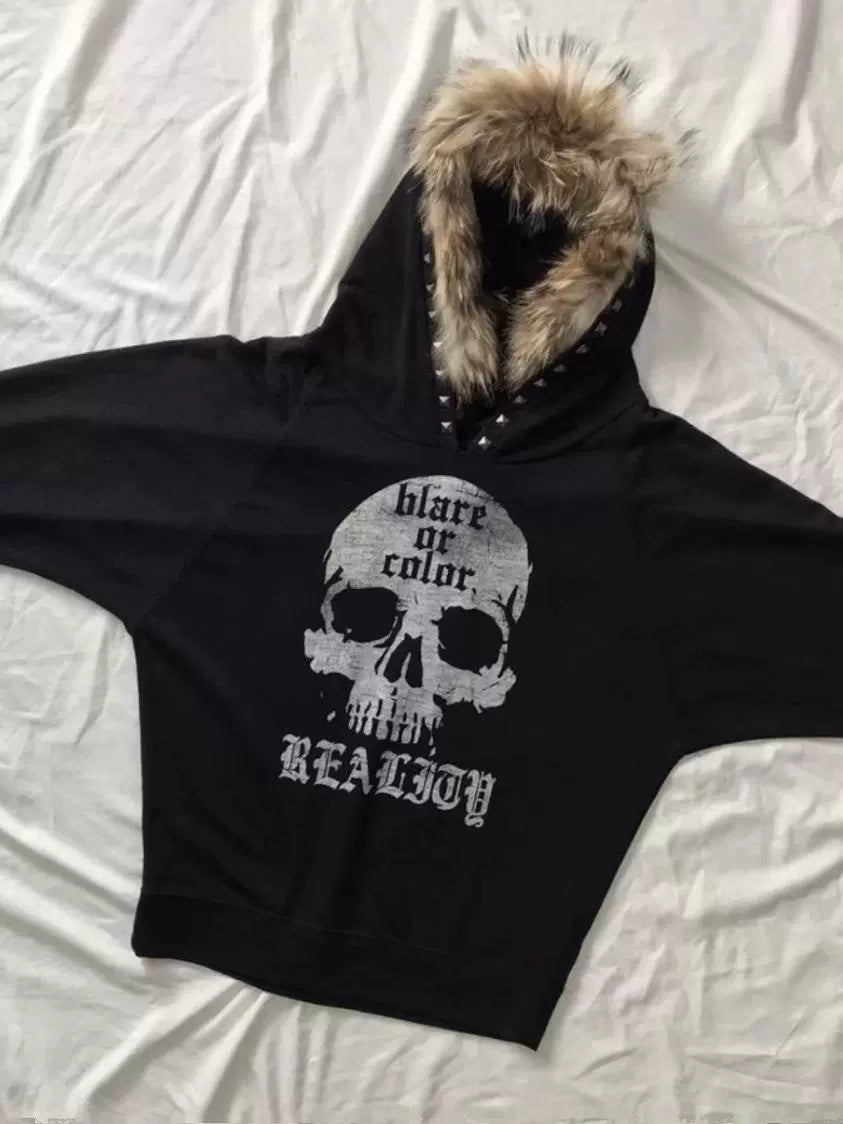 Y2K Gothic Rock Punk Skull Fleece-Lined Hoodie