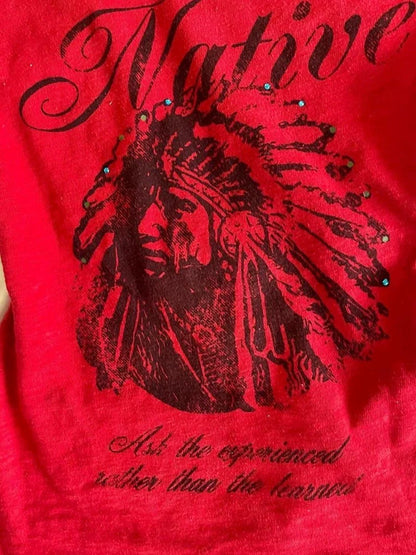 Red Subculture Punk Y2K E-girl Abi American Retro Rhinestone Print Regular-Shoulder Short Sleeve Top