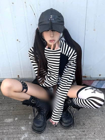 Y2K Light Subculture Striped Long Sleeve Tee Musical Print Raglan Top