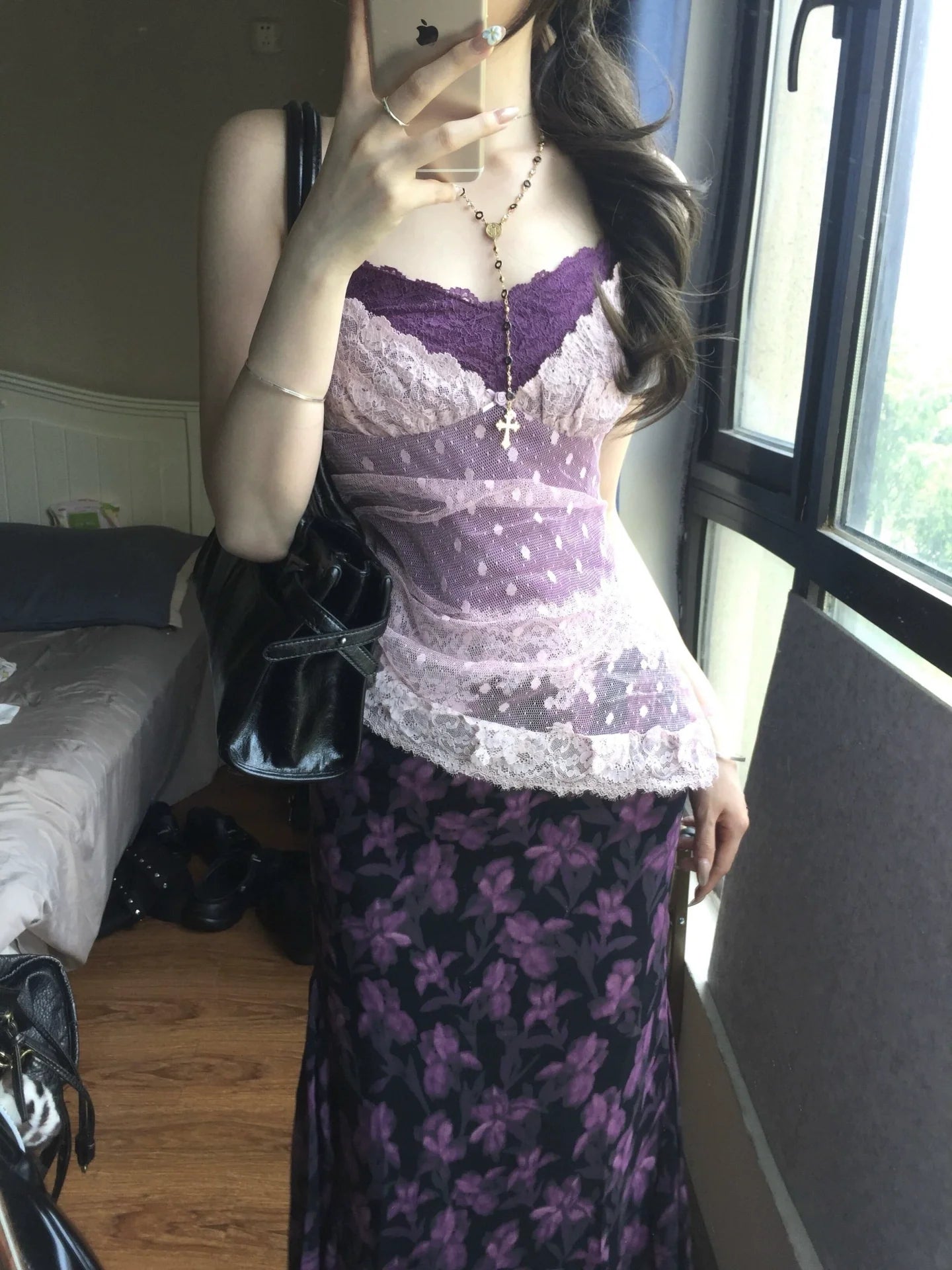 French Purple Lace-Paneled Camisole Waist-Cinched Maxi Dress
