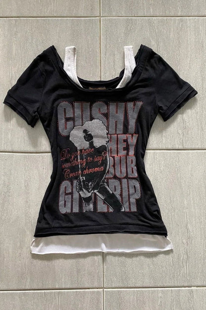 Black Fake Two-Piece Short Sleeve Subculture Rock Punk Y2K Abi American Retro Top