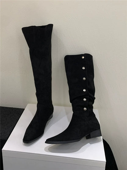 Versatile Fall Winter Foldable Slouchy Suede Chunky Heel Western Cowboy Knee High Women's Boots