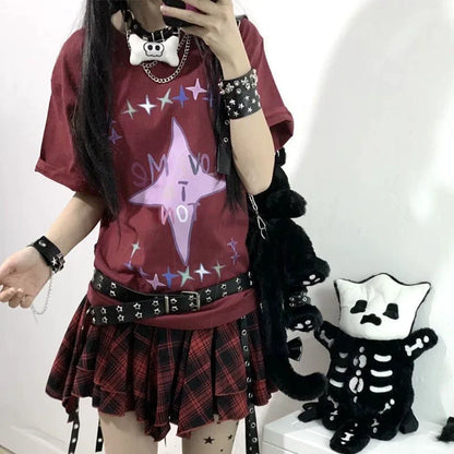 Burgundy Fleur-de-lis Top and Plaid Skirt Y2K Two Pieces Sets