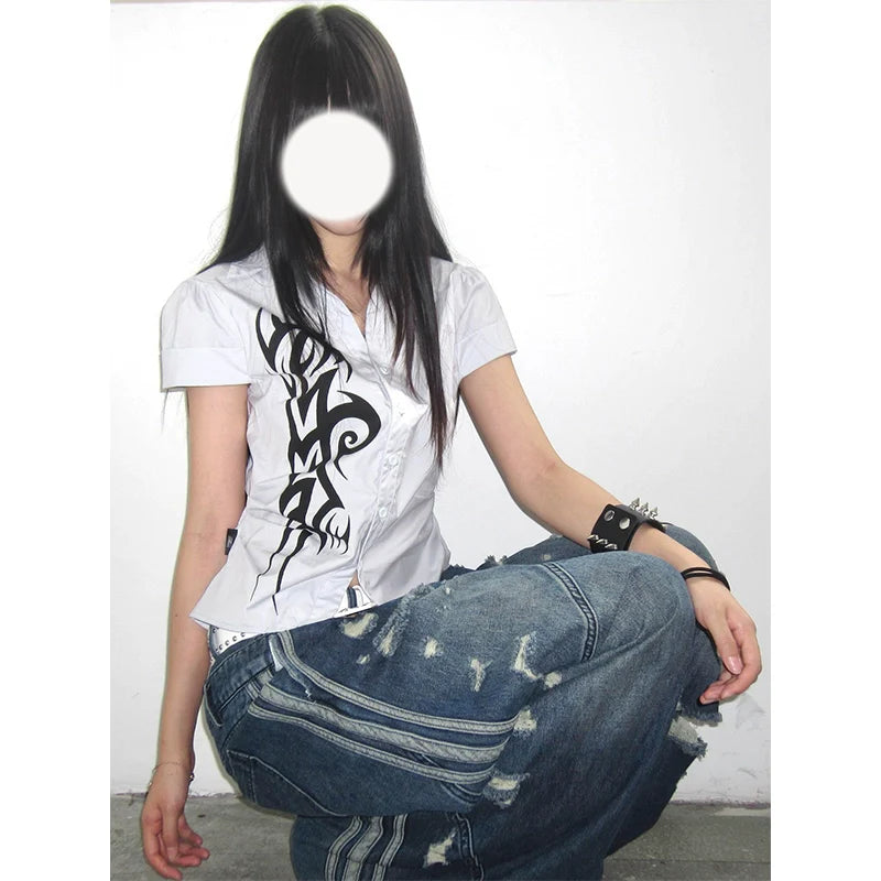 Punk Subculture Printed Short Sleeve Shirt  Fitted Waist Y2K Alternative Top