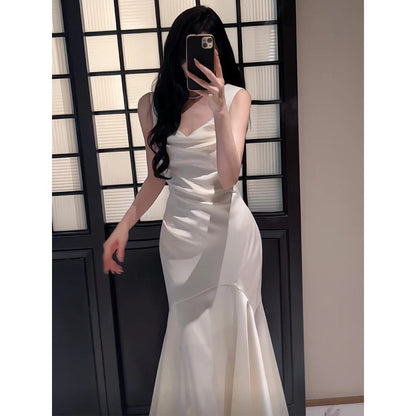 French Satin Waist Spaghetti Strap Mermaid Gown Dress