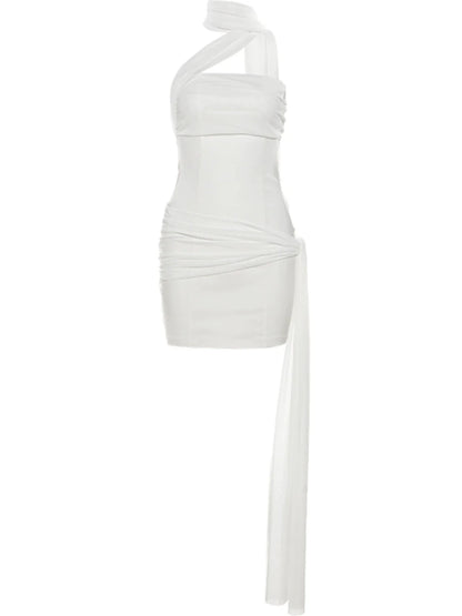 French Chic White Asymmetrical Halter Camisole Dress With Tie Waist