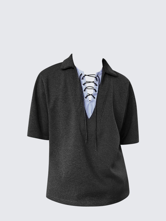 Korean V-Neck Faux Two-Piece Polo Tee