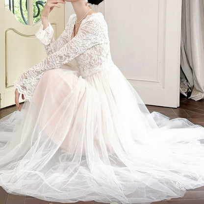 French V Neck Long Sleeve Mesh Gown Dress