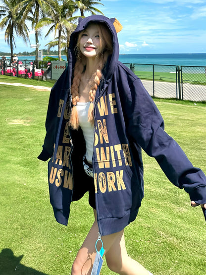 American Doberman Hoodie Autumn-Winter Zip-Up Pullover Heavyweight Letter Print Top