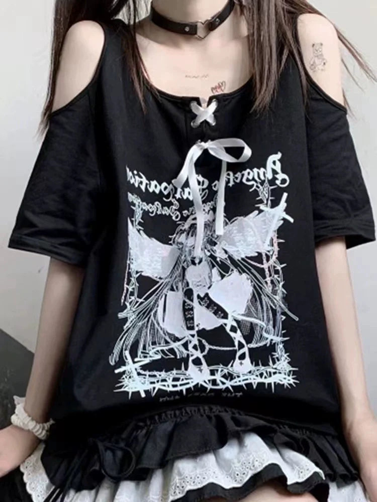 White Off-Shoulder Tie Angel Print Oversized Mid-Length Y2K T-Shirt