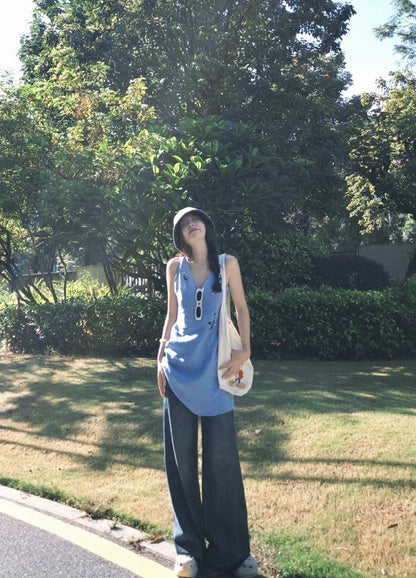 Linen Beaded V-Neck Retro Tank Mini Dress