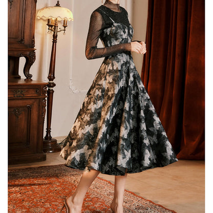 French Vintage Floral Gown Dress with High Neck Top