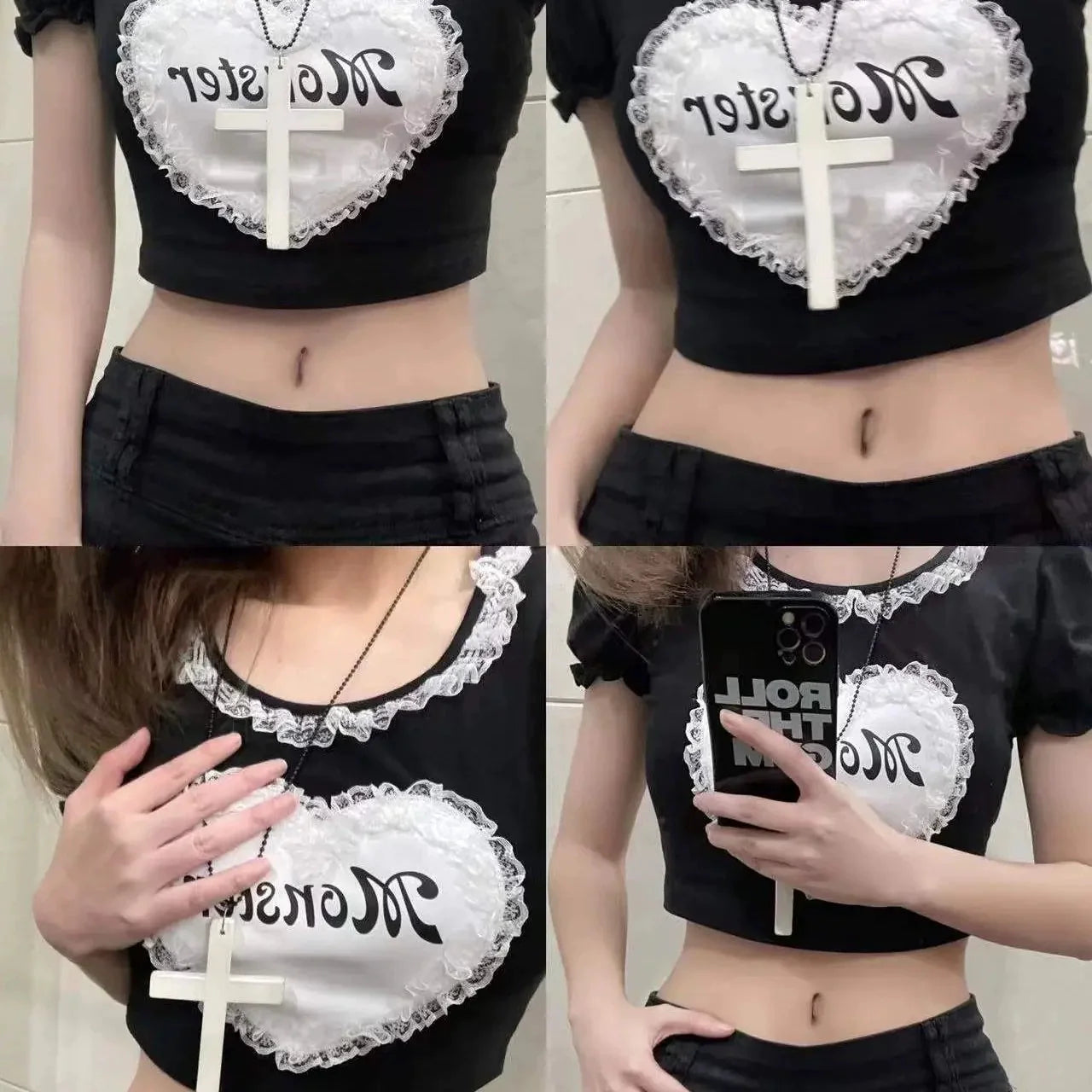 Black Subculture Punk Y2K E-girl Lace Heart Short Slim Top