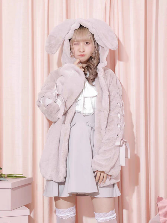 Sweet Bunny Ear Faux Fur Coat