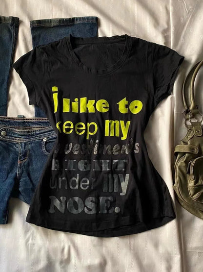 Black American Vintage Letter Print Slim Y2K T-Shirt