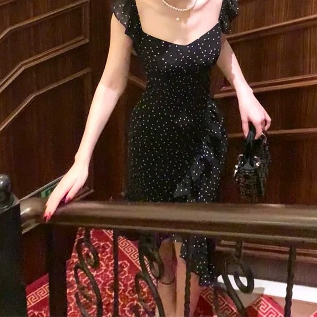 Black Polka Dot Spaghetti Gown Prom Dress