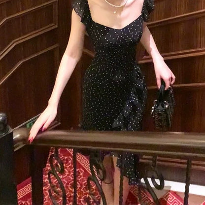 Black Polka Dot Spaghetti Gown Prom Dress