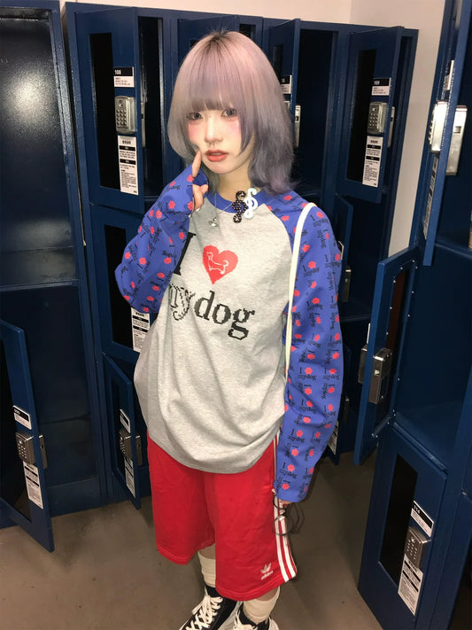 American Vintage Colorblock Raglan Long Sleeve Dog Print Tee  Oversized Casual Round Neck Top